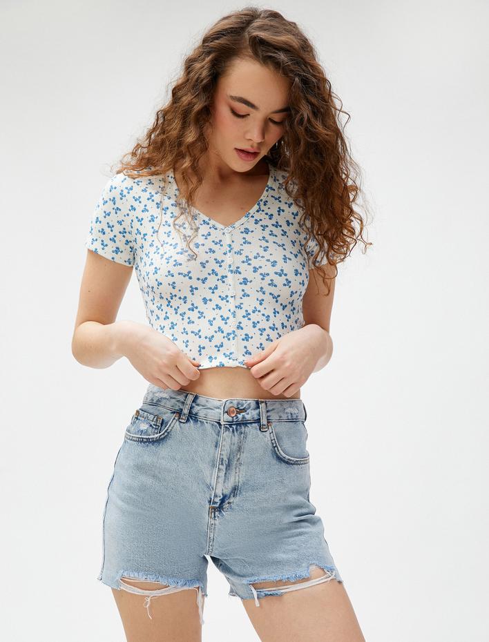  Crop Tişört Baskılı Kısa Kollu V Yaka Pamuklu