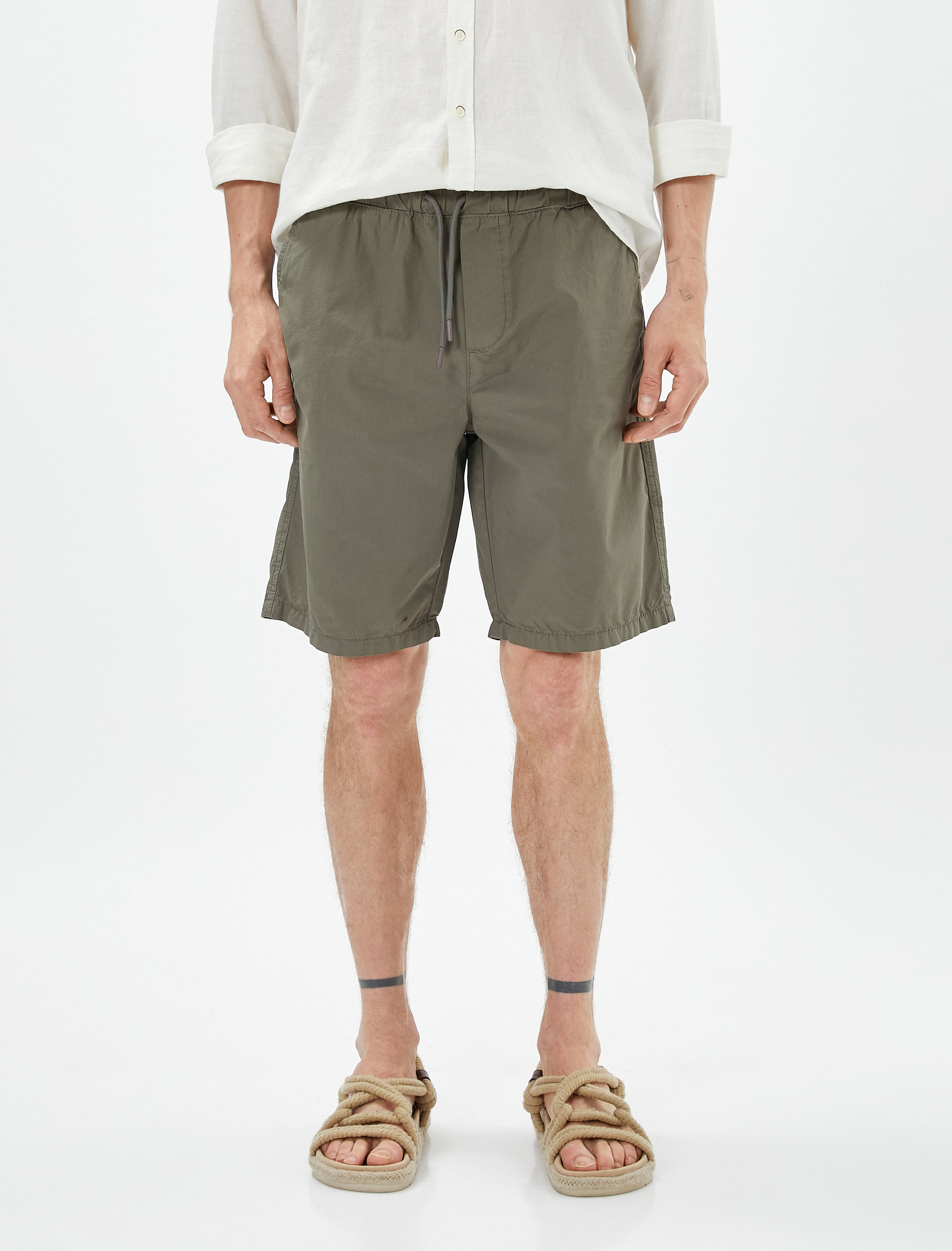   Bermuda Şort Beli Bağcıklı Cep Detaylı Pamuklu