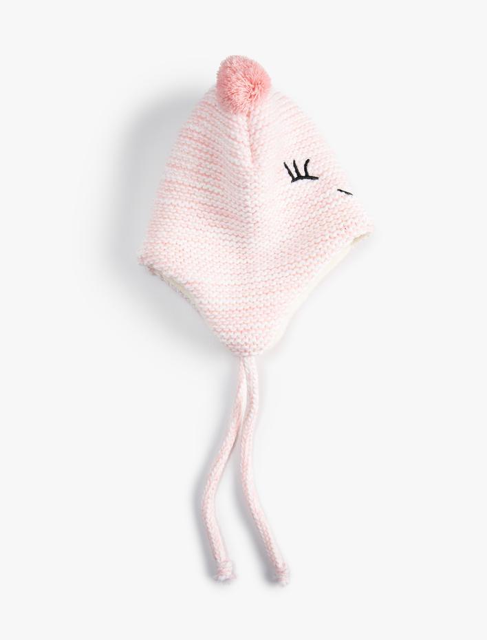 Kız Çocuk Kulak Kapaklı Örgü Bere Ayı İşlemeli İçi Polarlı