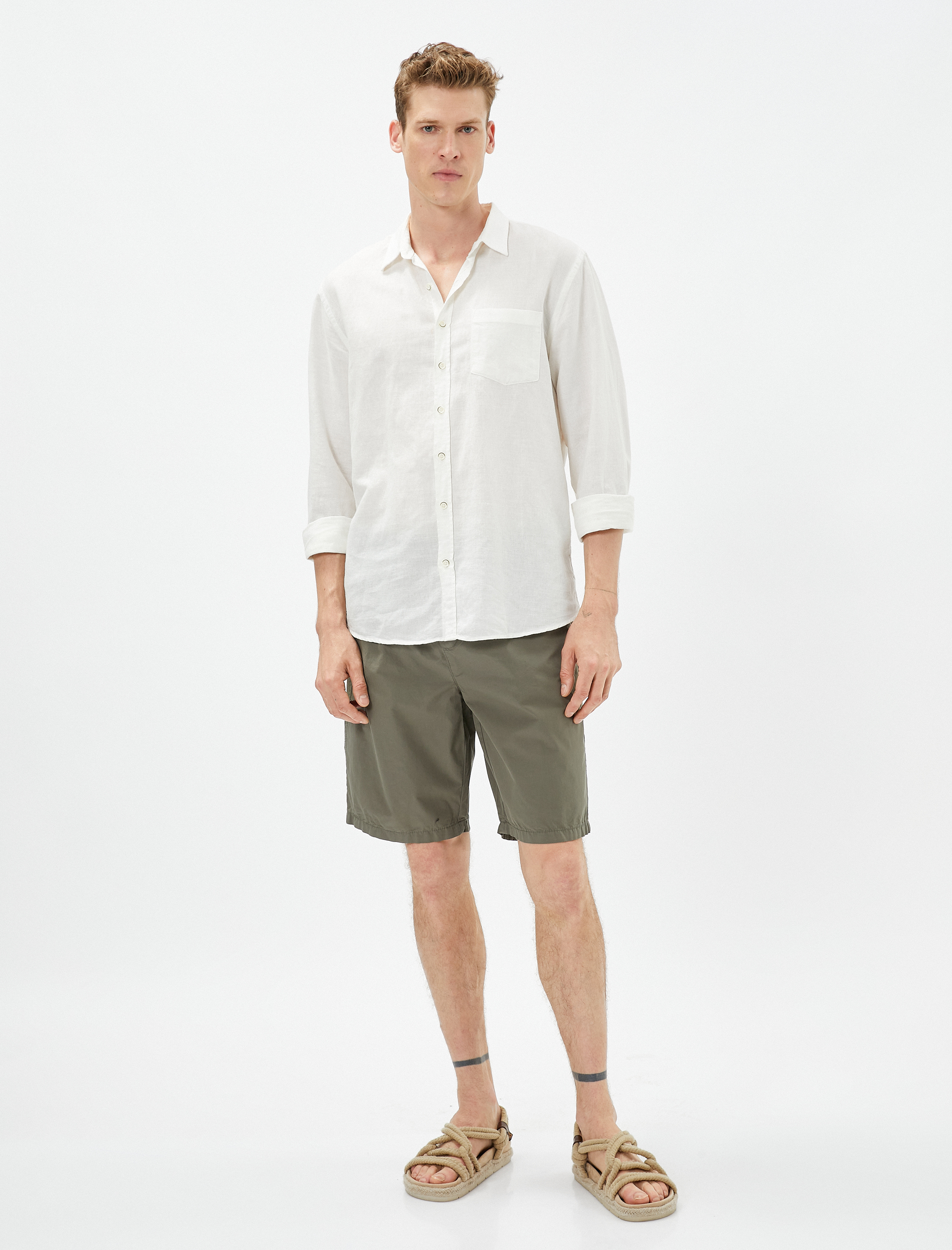   Bermuda Şort Beli Bağcıklı Cep Detaylı Pamuklu