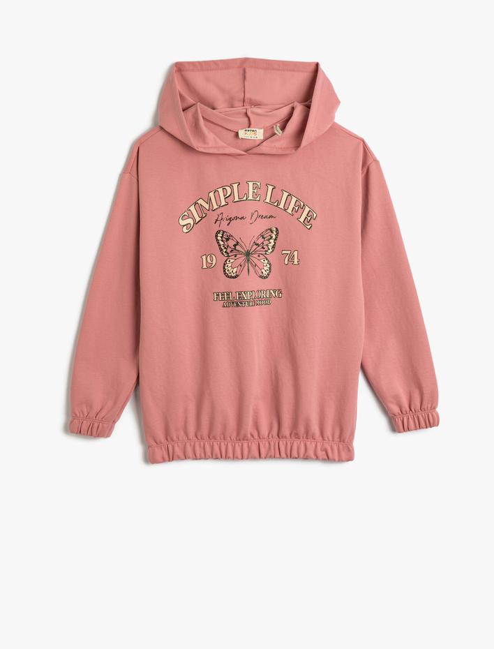 Kız Çocuk Kapşonlu Sweatshirt Kelebek Baskılı Beli Lastikli Pamuk Karışımlı