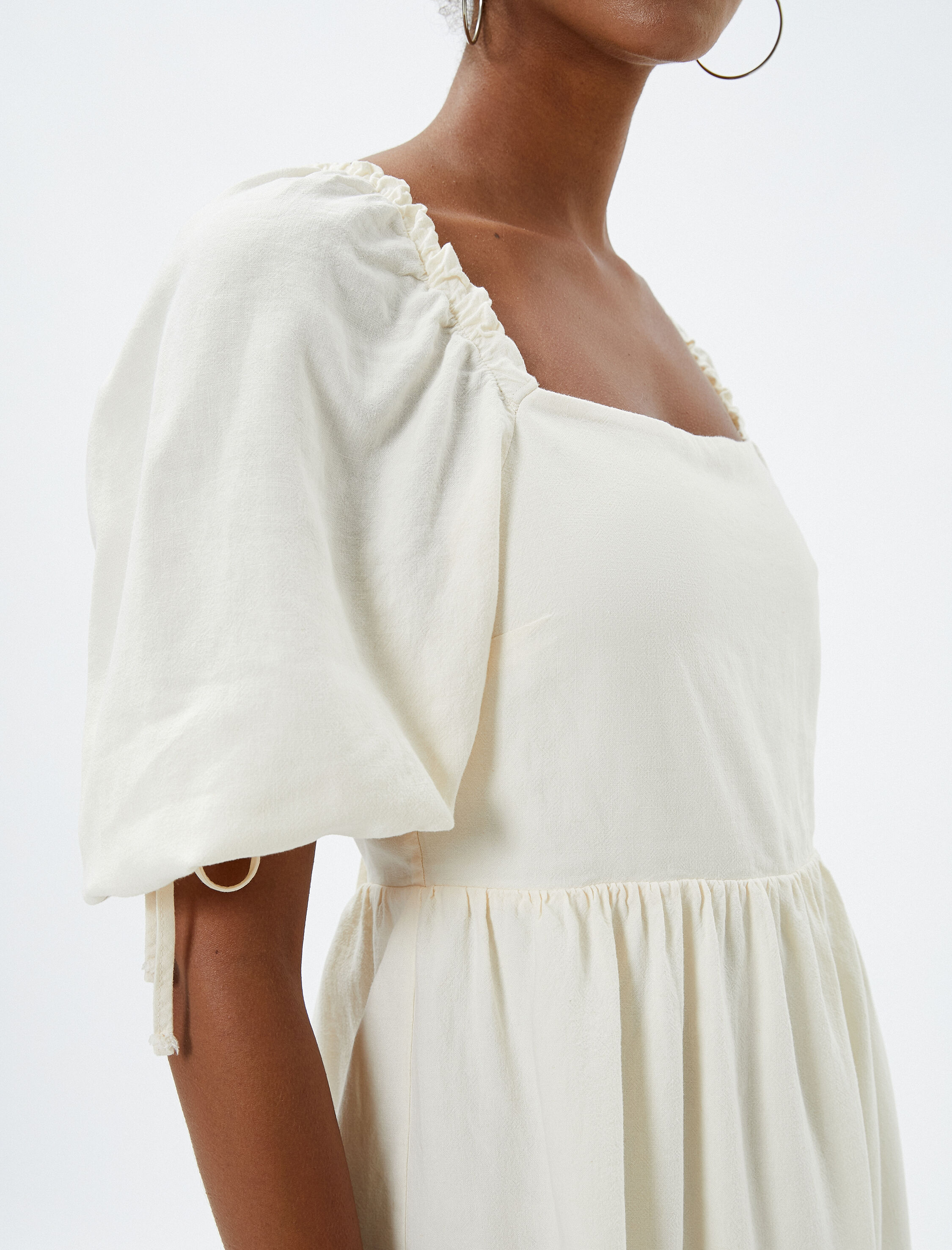   Keten Midi Elbise Kısa Balon Kollu Arkası Pencere Detaylı Astarlı