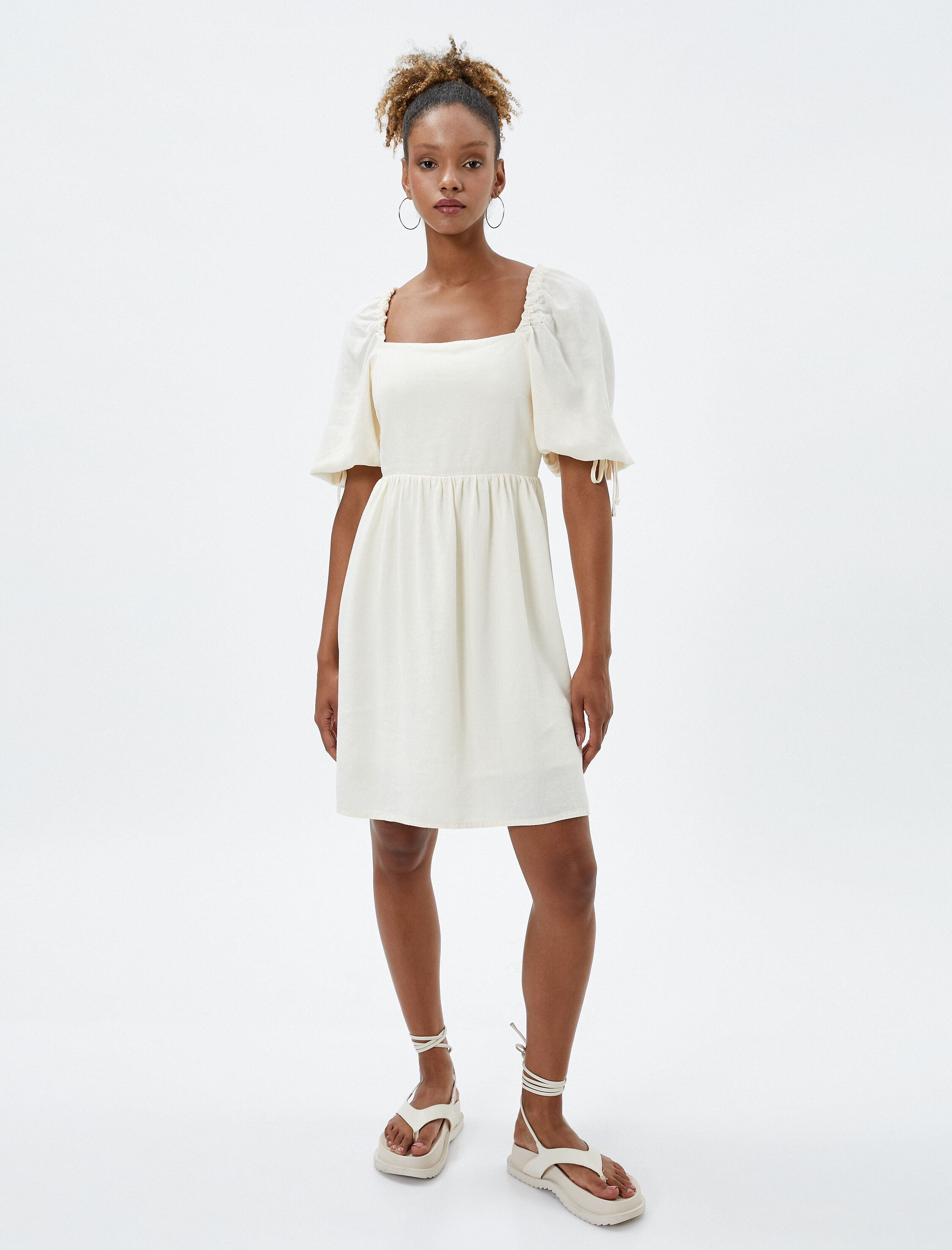   Keten Midi Elbise Kısa Balon Kollu Arkası Pencere Detaylı Astarlı