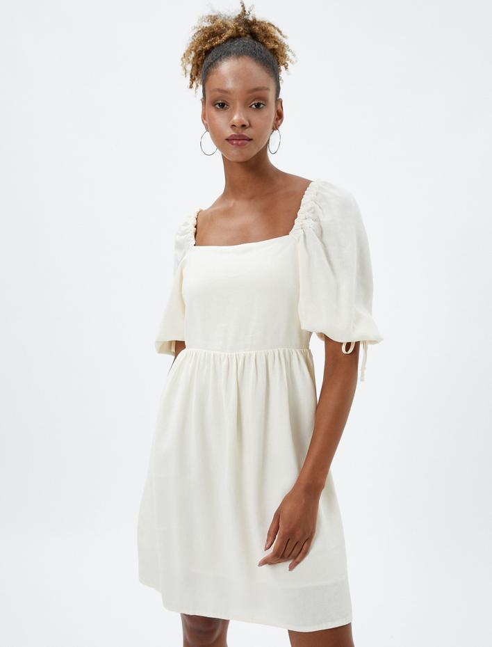  Keten Midi Elbise Kısa Balon Kollu Arkası Pencere Detaylı Astarlı