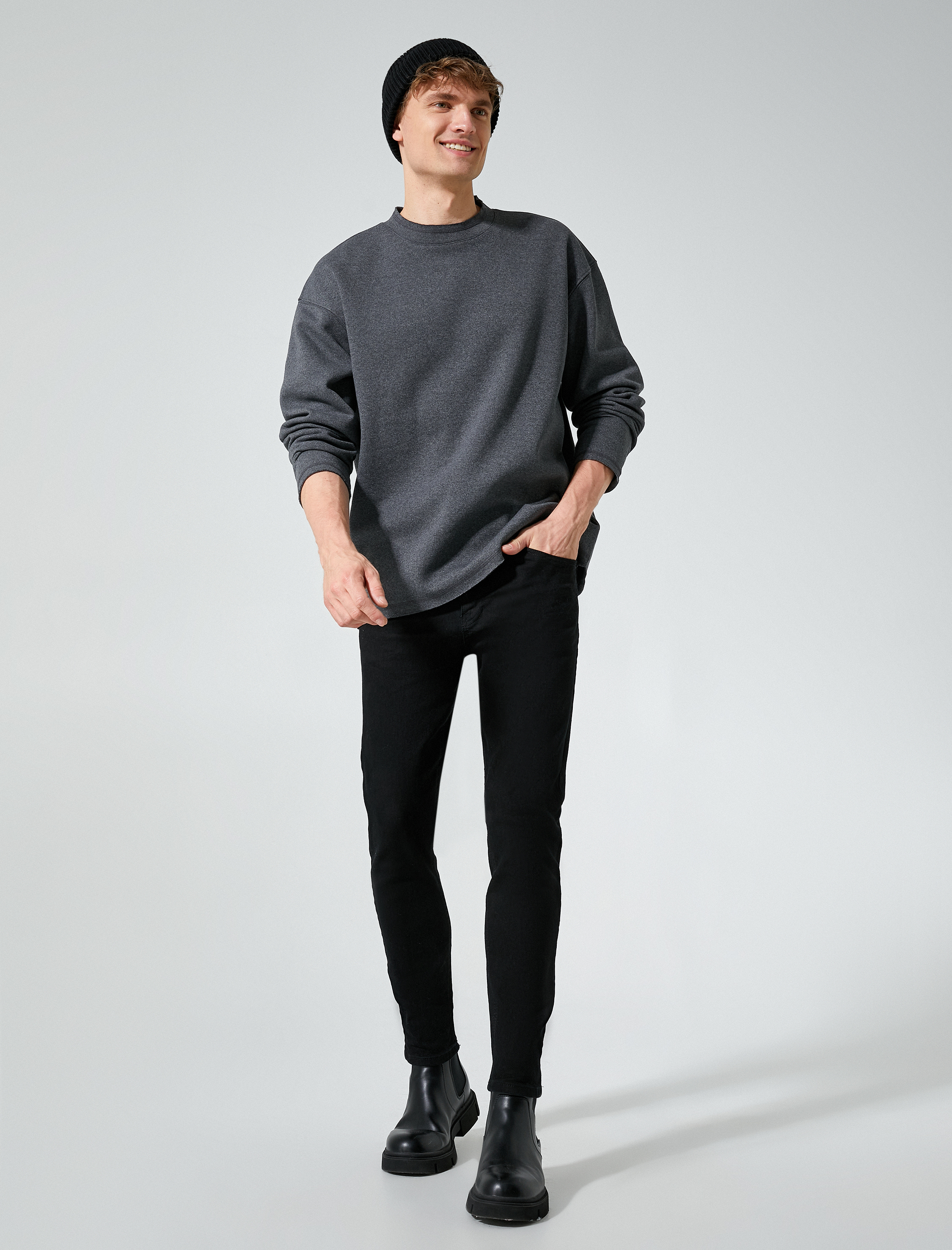   Oversize Sweat Bisiklet Yaka Uzun Kollu Şardonlu