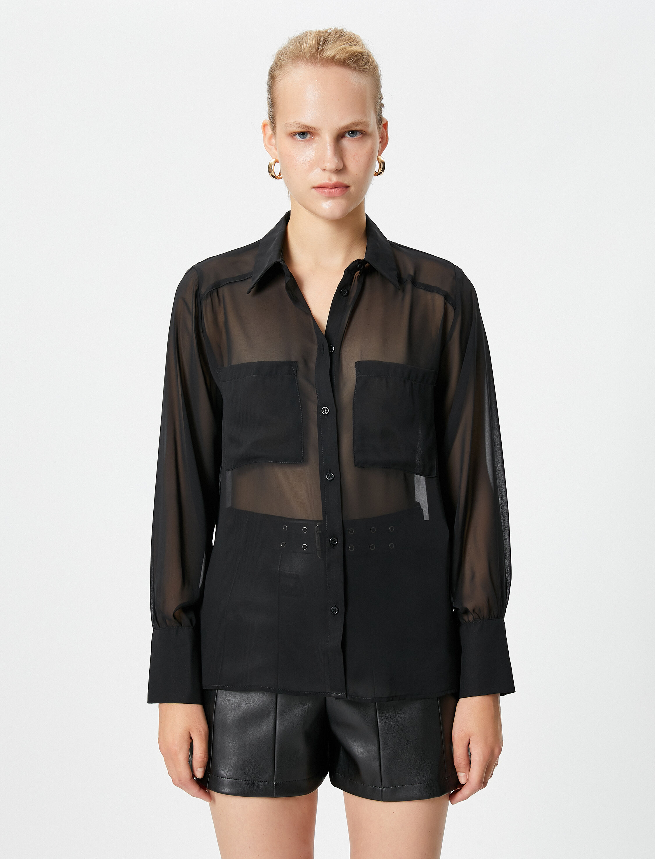   Şifon Gömlek Uzun Kollu Cep Detaylı Düğmeli