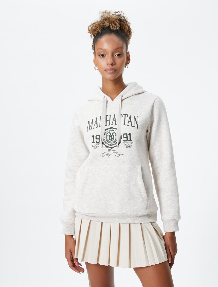   Şardonlu Kolej Kapşonlu Sweatshirt Kanguru Cepli Rahat Kesim