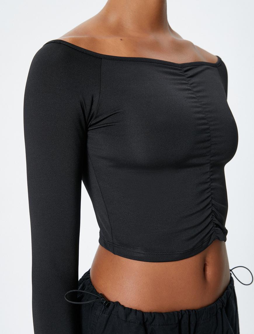   Uzun Kollu Tişört Crop Straplez Yaka Slim Fit Büzgü Detaylı