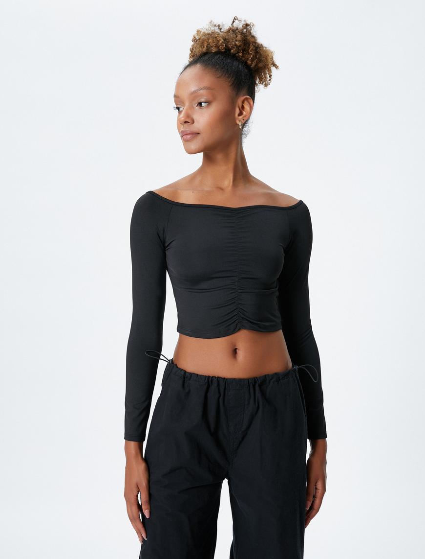   Uzun Kollu Tişört Crop Straplez Yaka Slim Fit Büzgü Detaylı