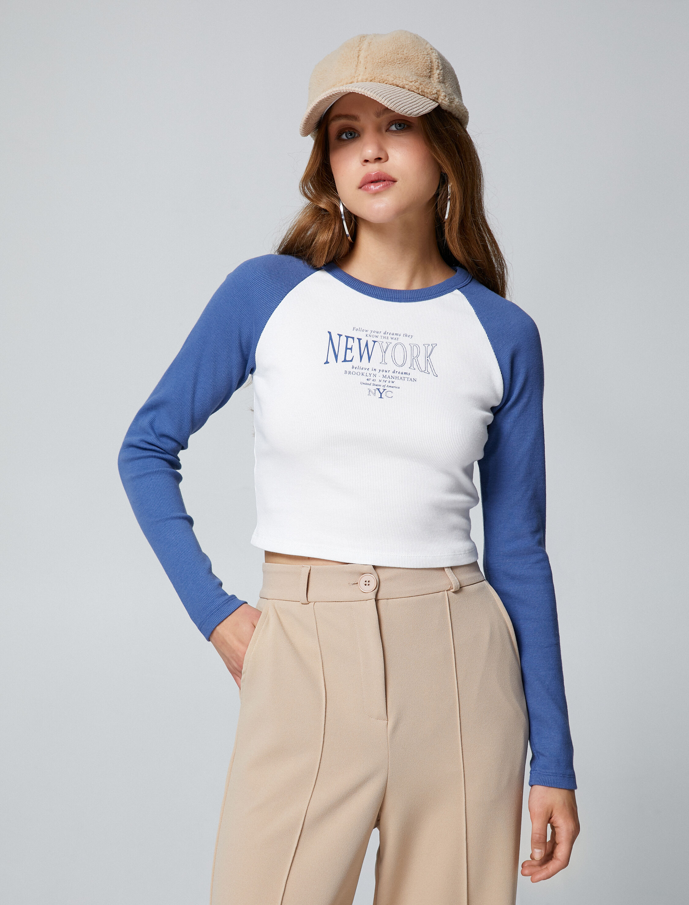   Uzun Kollu Tişört Slim Fit Kolej Baskılı Bisiklet Yaka Reglan Kol