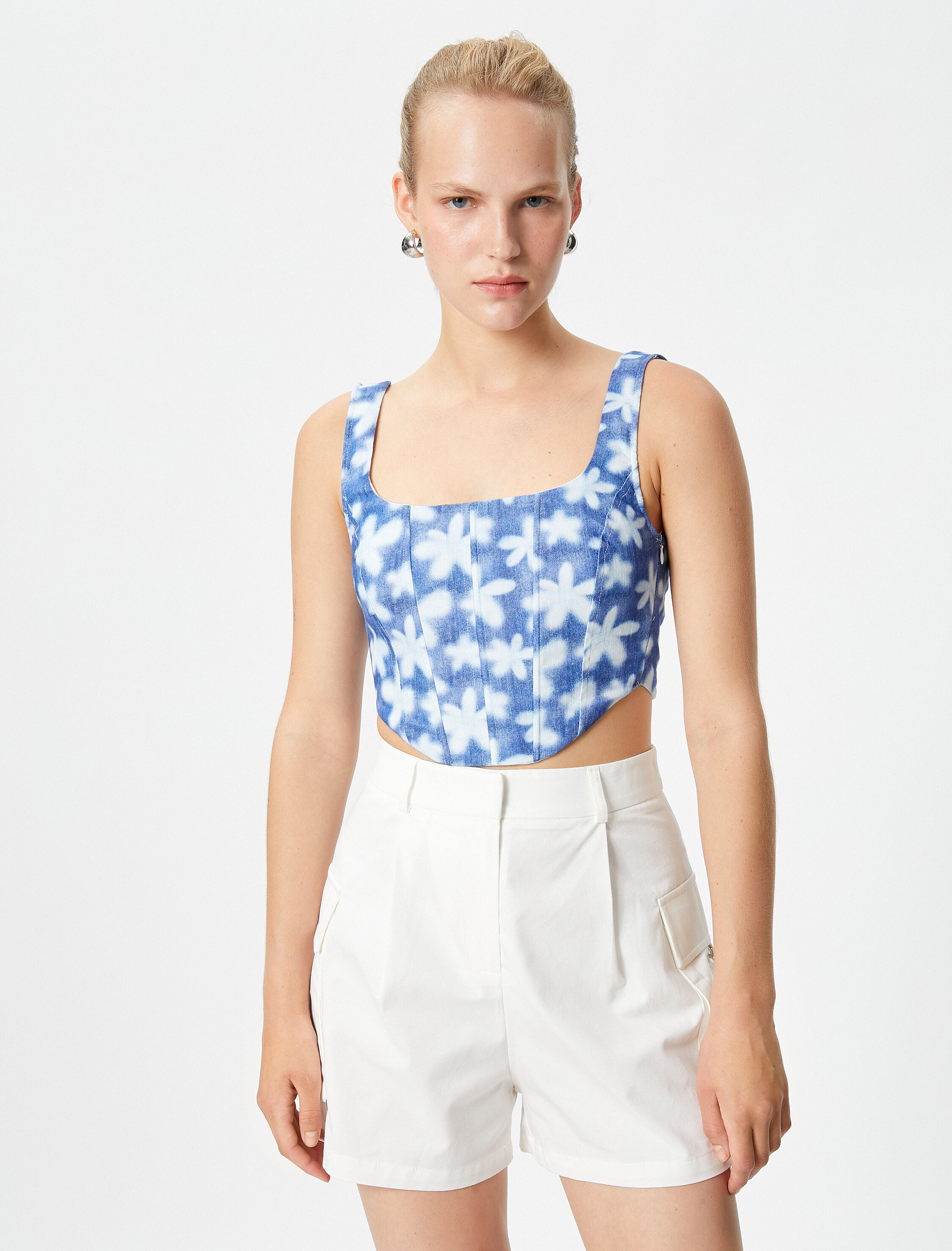   Korse Büstiyer Crop Askılı Çiçekli Kare Yaka