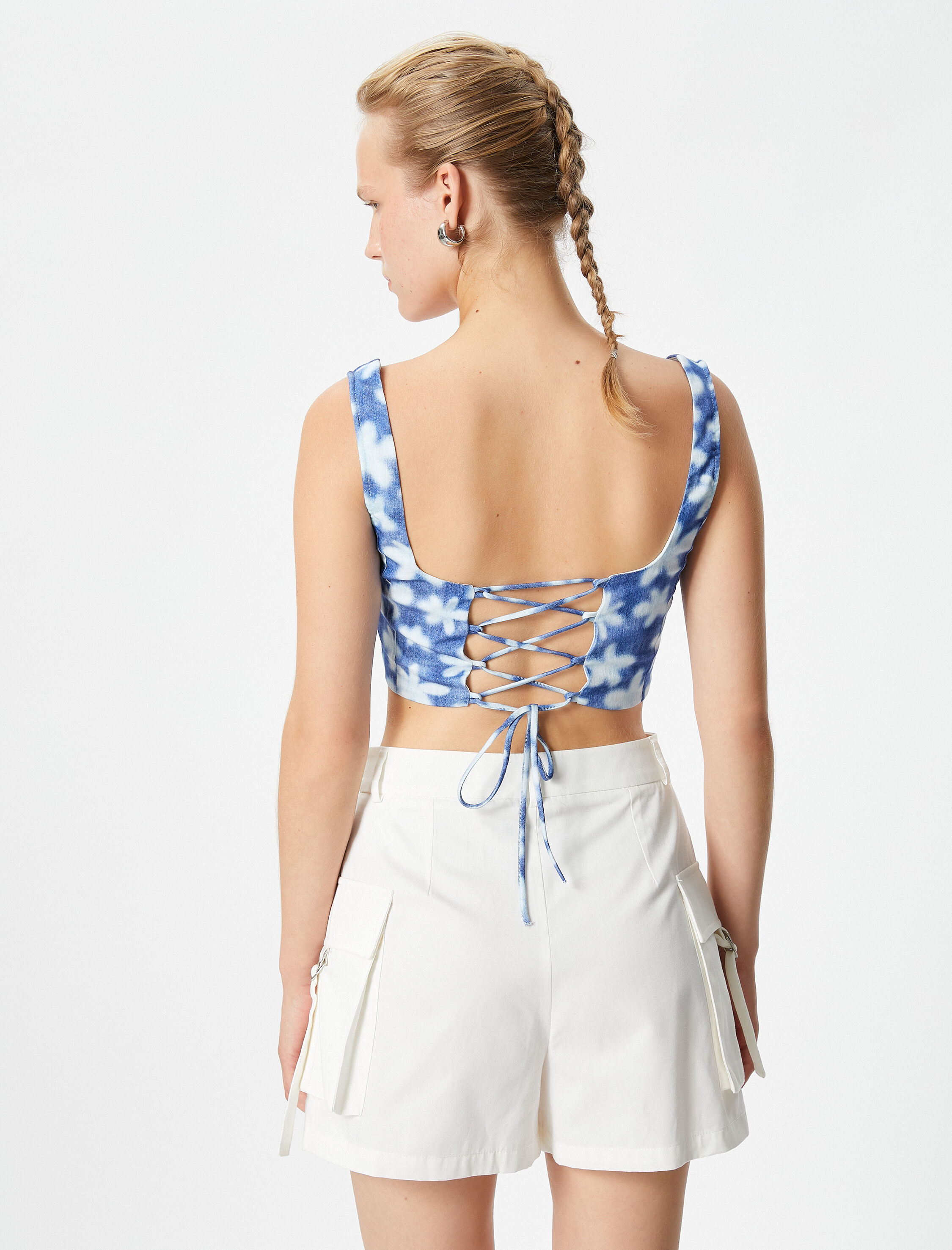   Korse Büstiyer Crop Askılı Çiçekli Kare Yaka