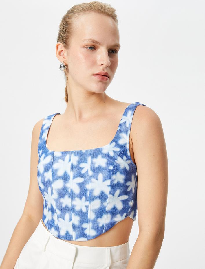  Korse Büstiyer Crop Askılı Çiçekli Kare Yaka