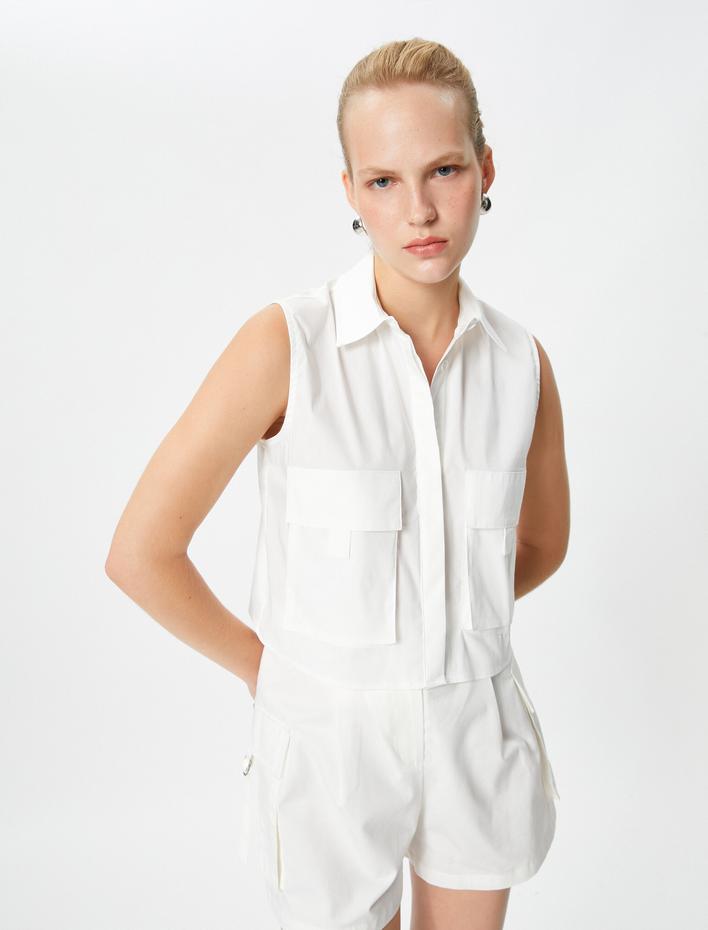  Crop Gömlek Kargo Cep Detaylı Kolsuz