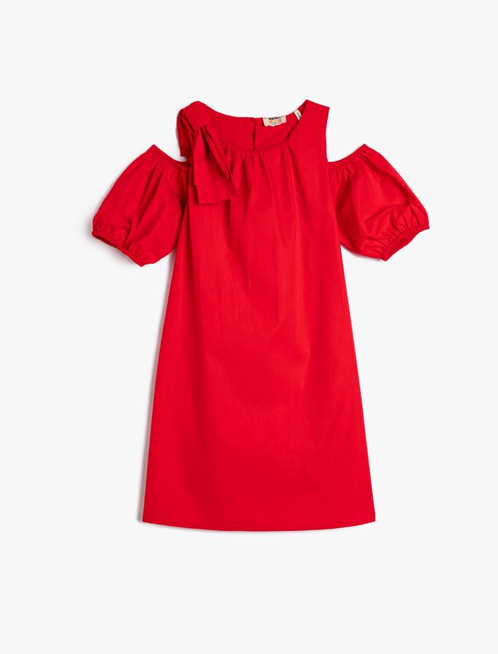 Kız Çocuk Elbise Fiyonk Detaylı Pencere Detaylı Yuvarlak Yaka Pamuklu