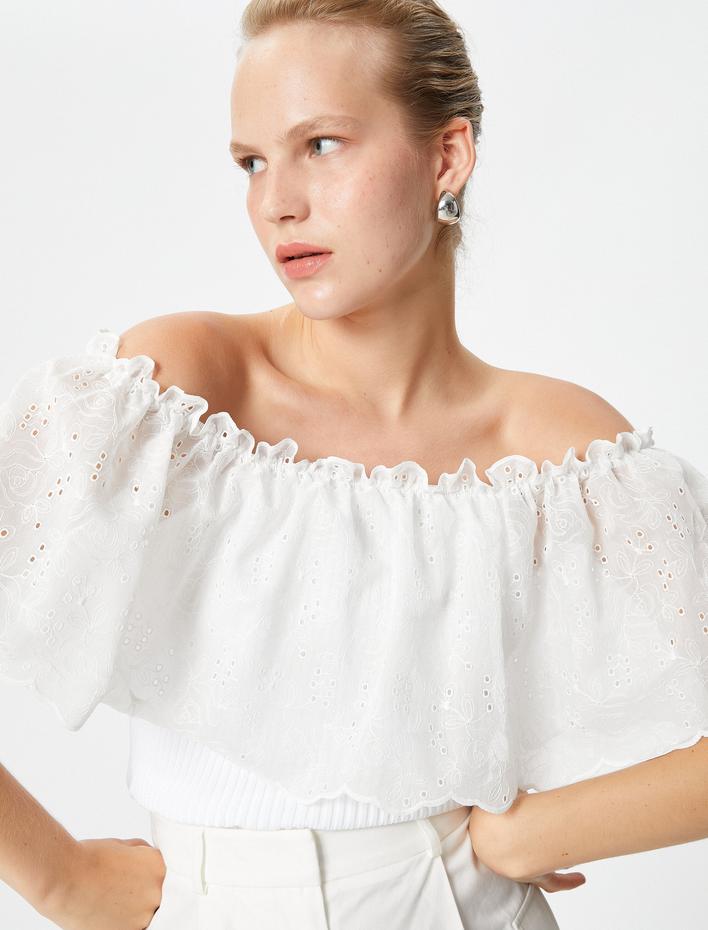  Madonna Yaka Omzu Açık Bluz Fırfırlı Fitilli Fisto Detaylı