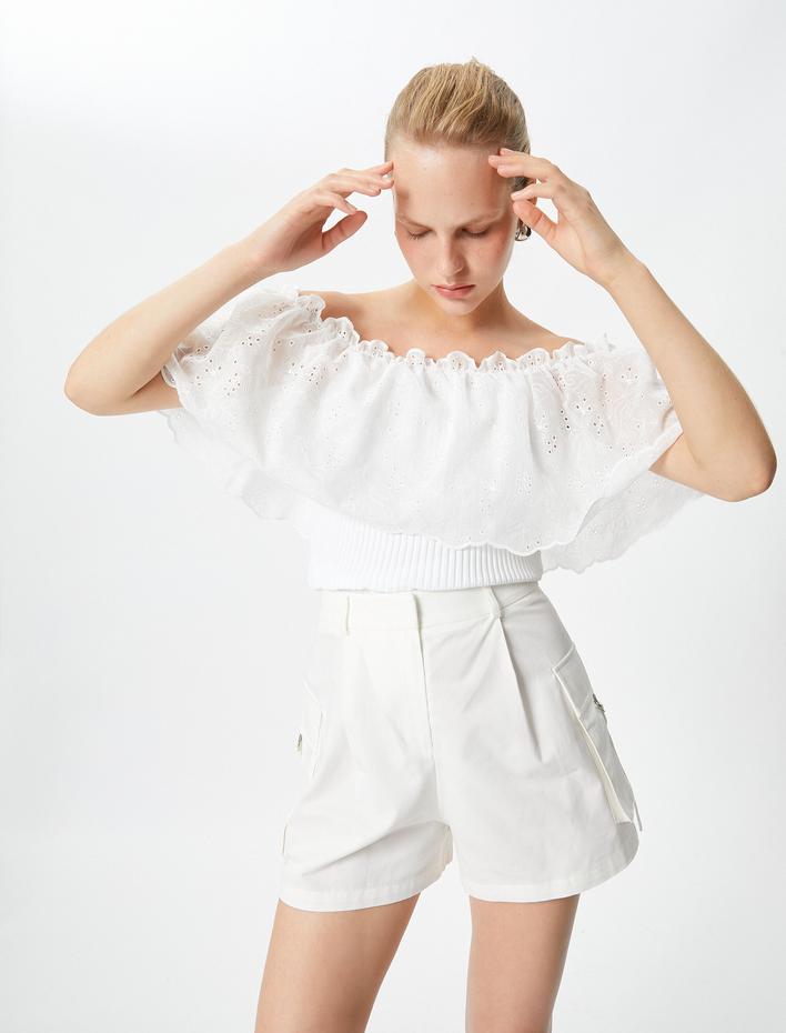  Madonna Yaka Omzu Açık Bluz Fırfırlı Fitilli Fisto Detaylı