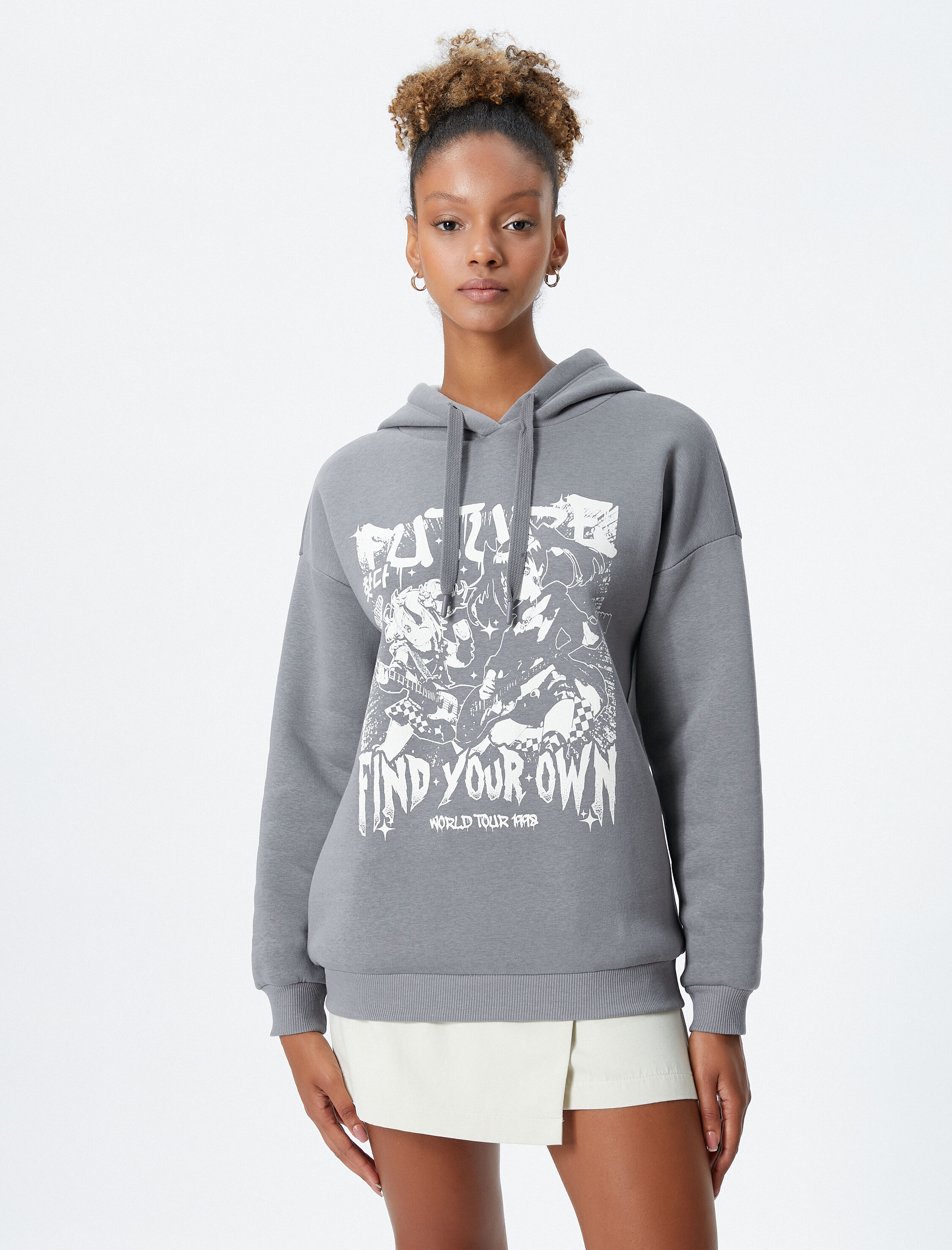   Şardonlu Kapüşonlu Sweatshirt Slogan Baskılı Rahat Kesim Uzun Kollu