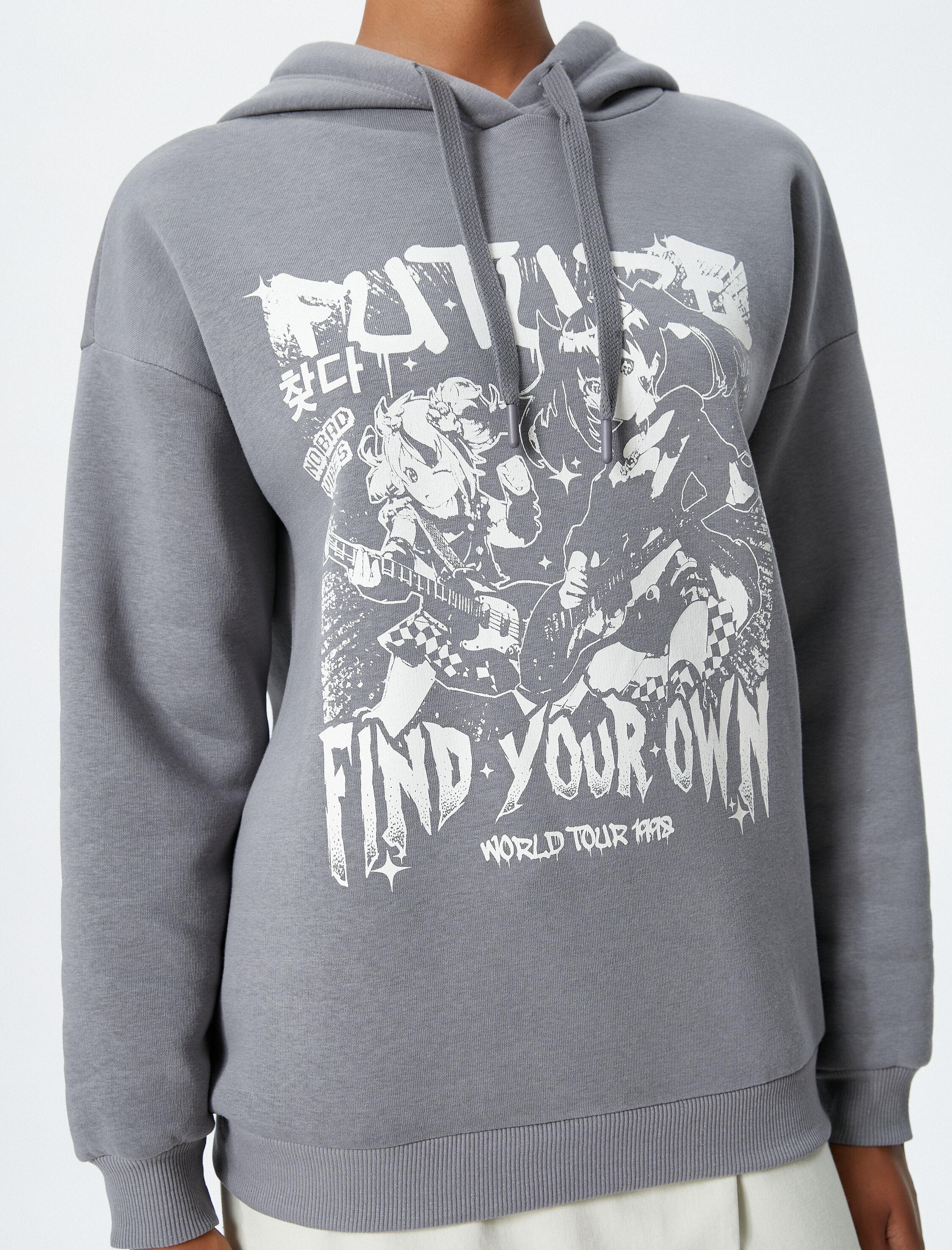   Şardonlu Kapüşonlu Sweatshirt Slogan Baskılı Rahat Kesim Uzun Kollu