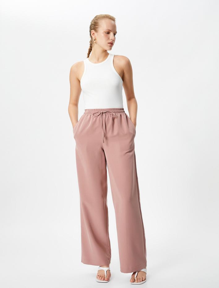  Bol Paça Pantolon Beli Bağcıklı Cepli Modal Rahat Kesim