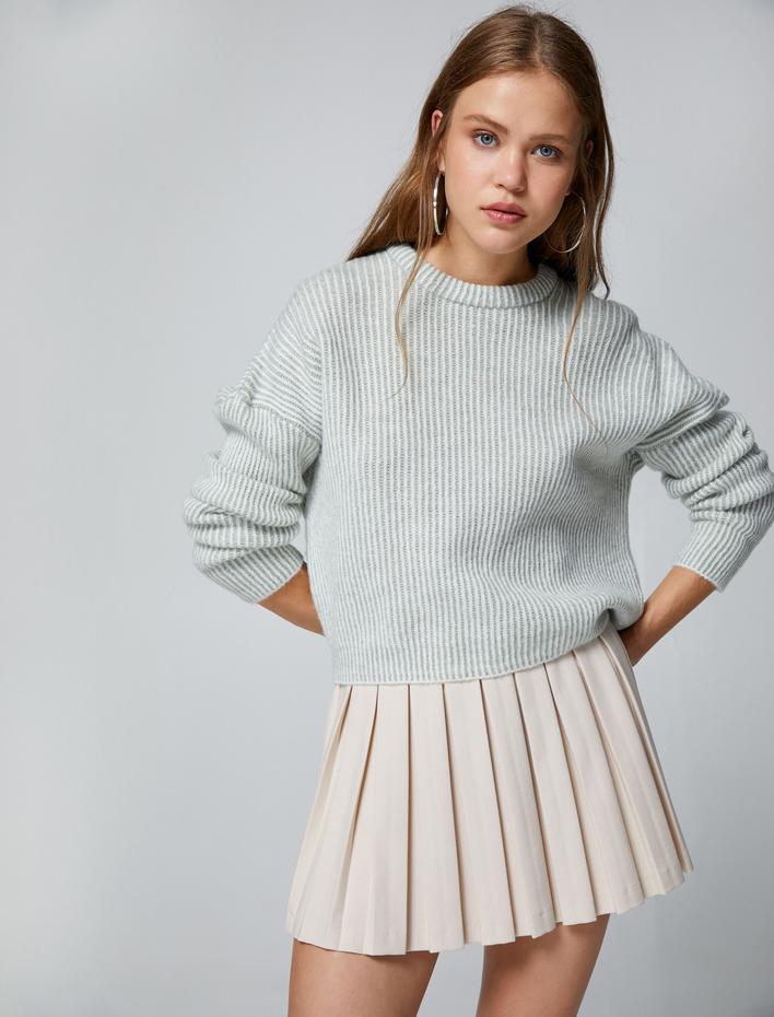  Basic Triko Kazak Bisiklet Yaka Fitilli Uzun Kollu