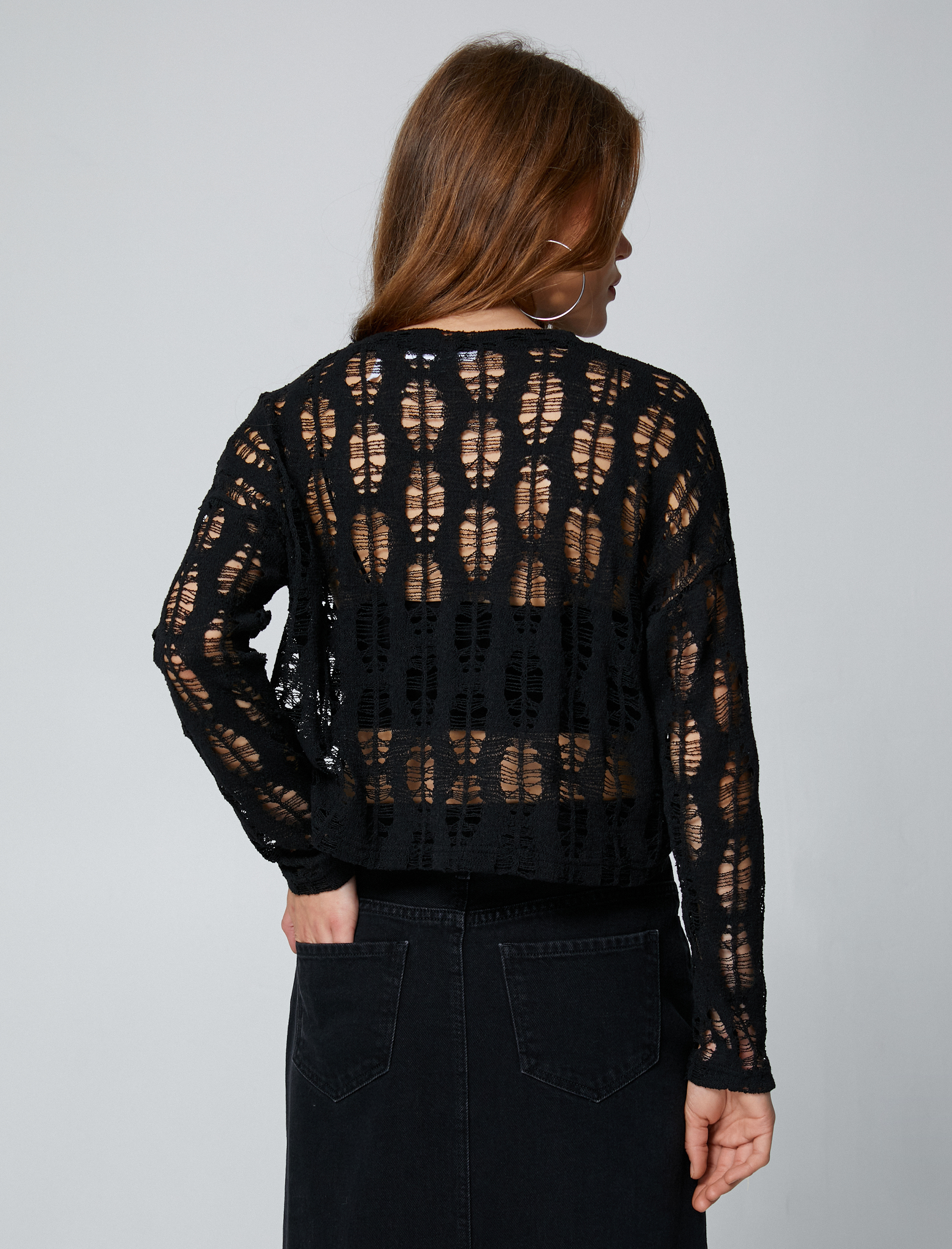   Uzun Kollu Tişört Triko Ajurlu Bisiklet Yaka