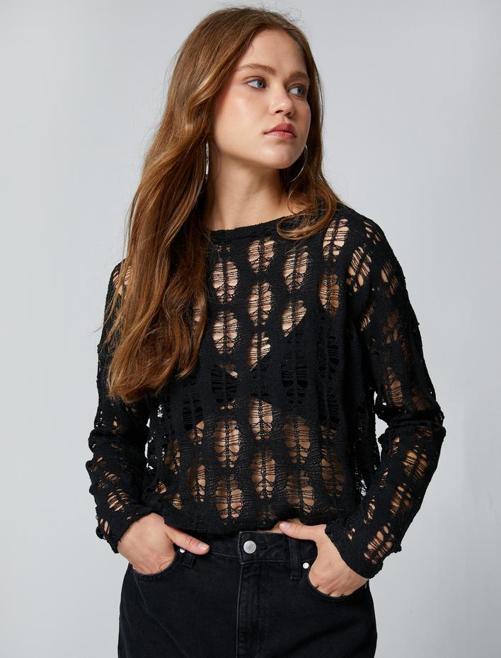  Uzun Kollu Tişört Triko Ajurlu Bisiklet Yaka