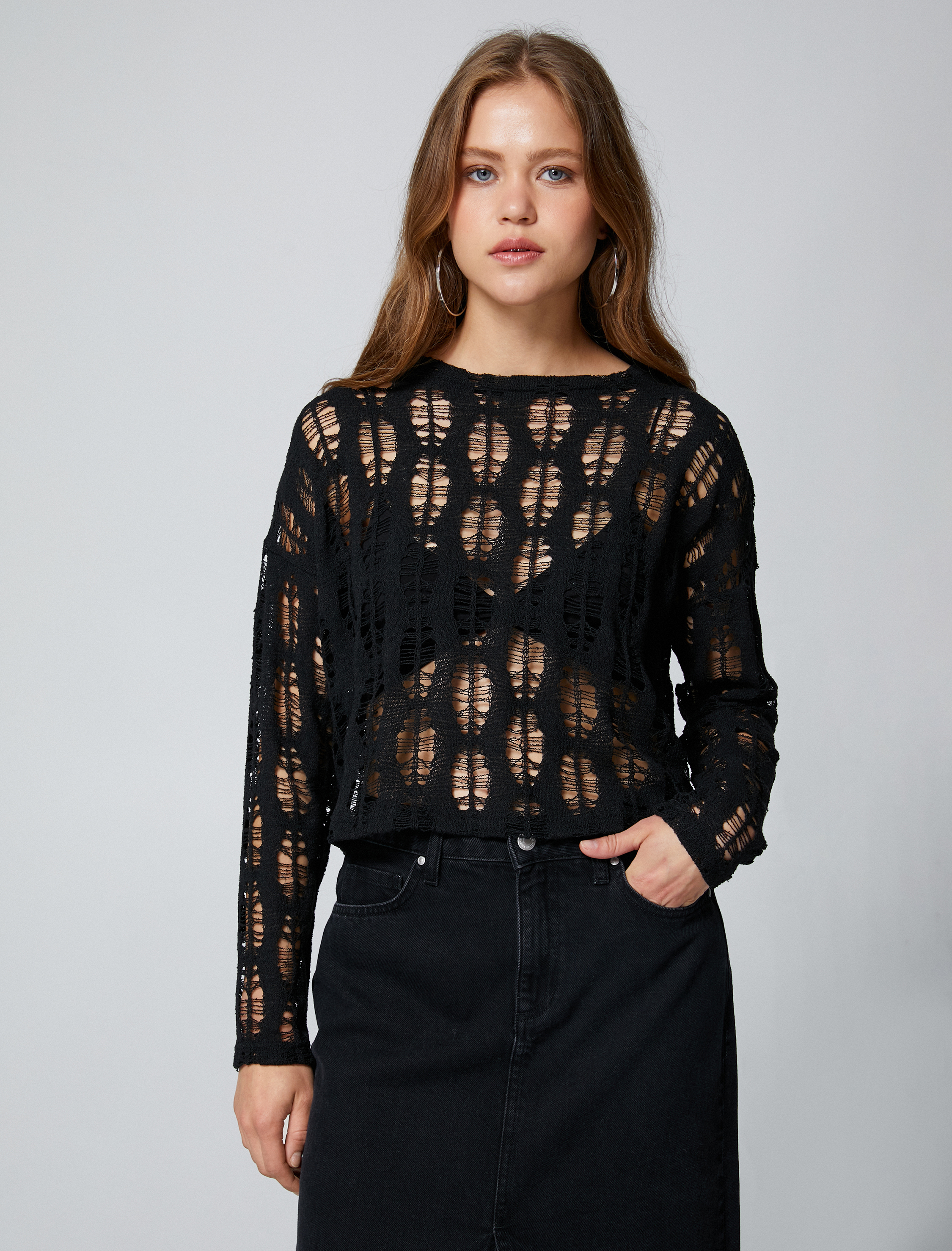   Uzun Kollu Tişört Triko Ajurlu Bisiklet Yaka