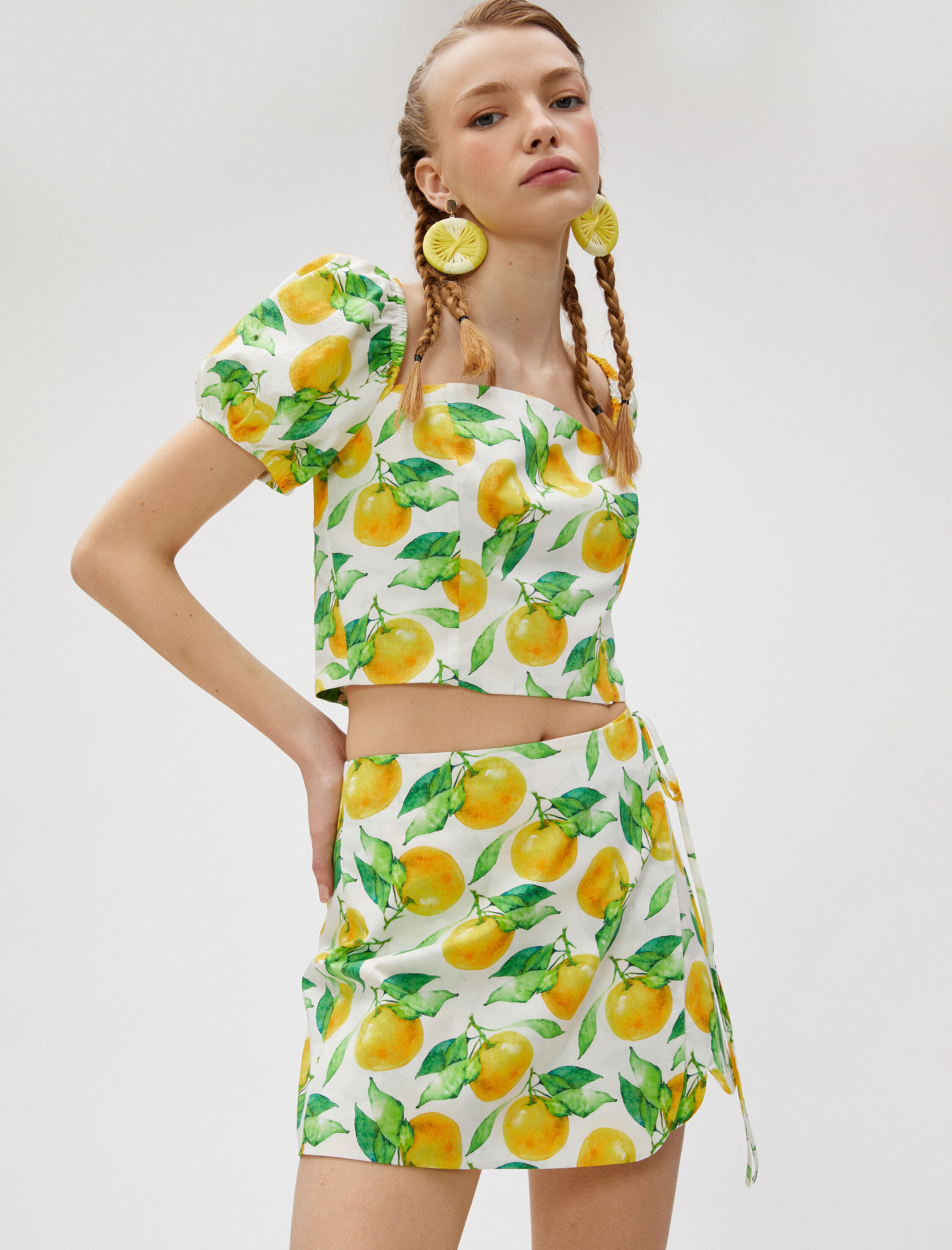 Meyve Baskılı Mini Şort Etek Kruvaze Pamuklu