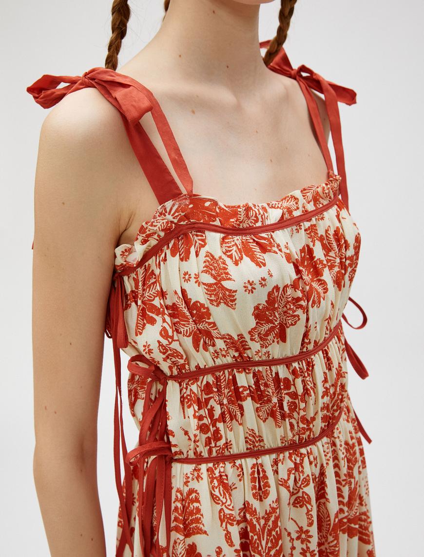   Midi Çiçekli Elbise Askılı Fiyonk Detaylı Büzgülü Bağlamalı Viskon
