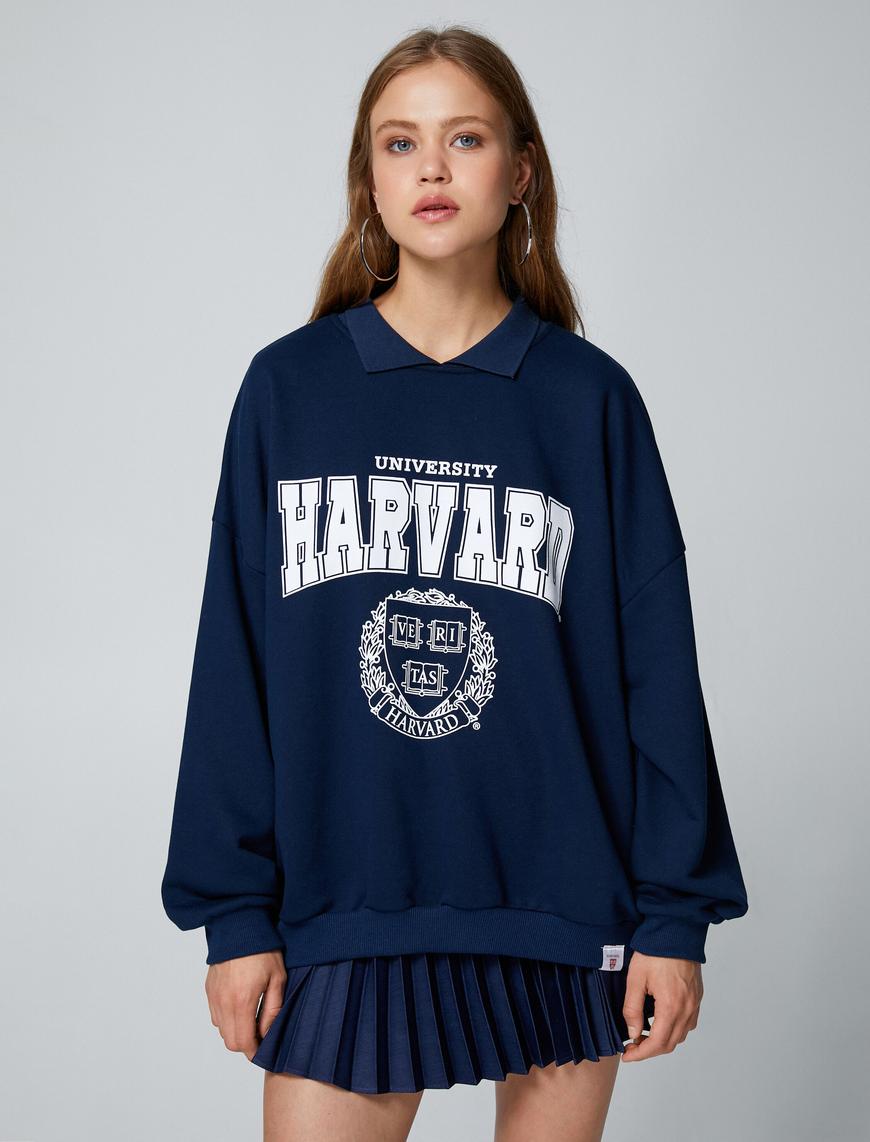   Oversize Sweatshirt Harvard Lisanslı Polo Yaka Baskılı