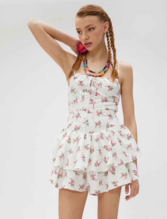  Fistolu Mini Etek Çiçekli Volanlı Katlı İşlemeli Gipeli