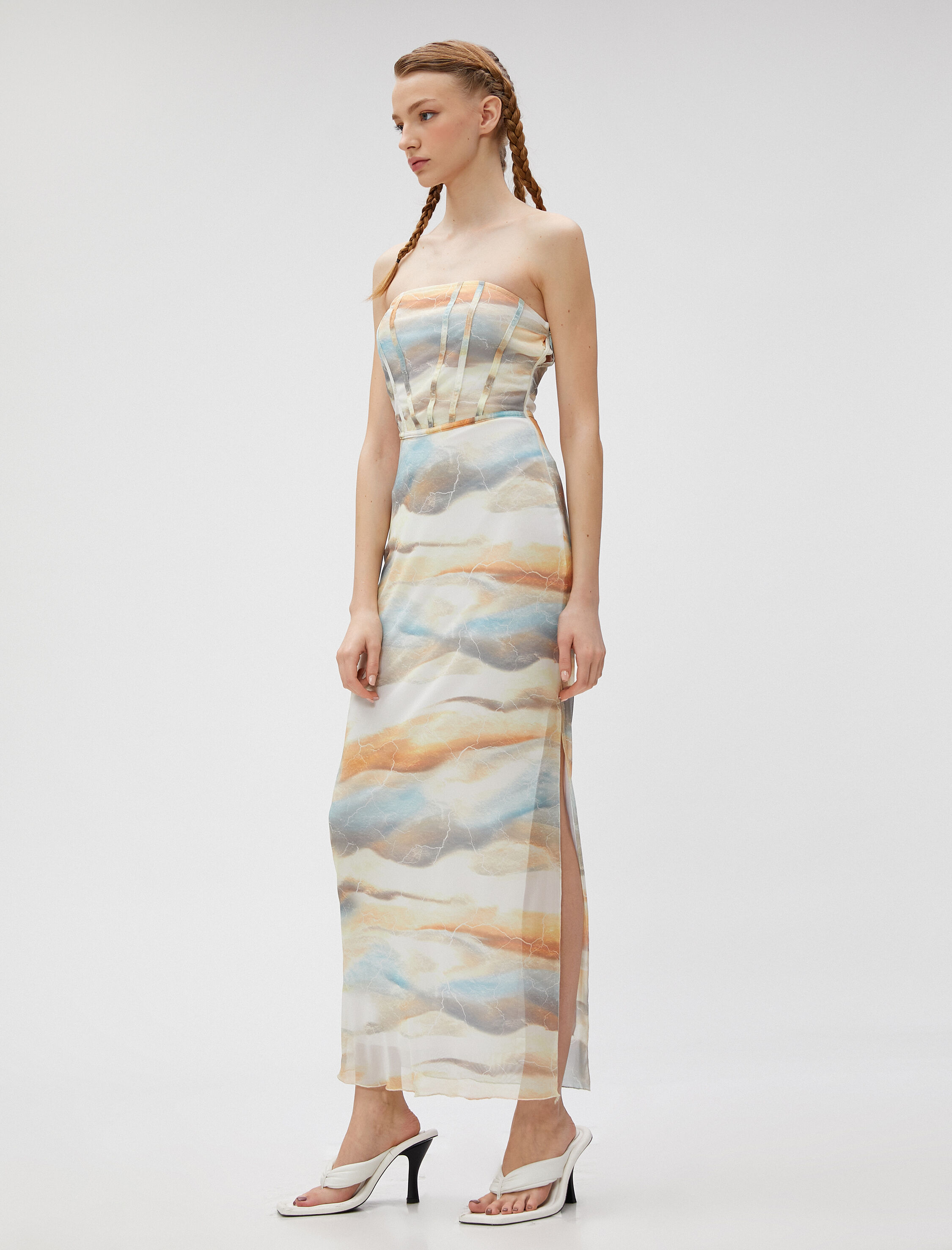   Uzun Elbise Straplez Yırtmaçlı Batik Detaylı Korse Görünümlü