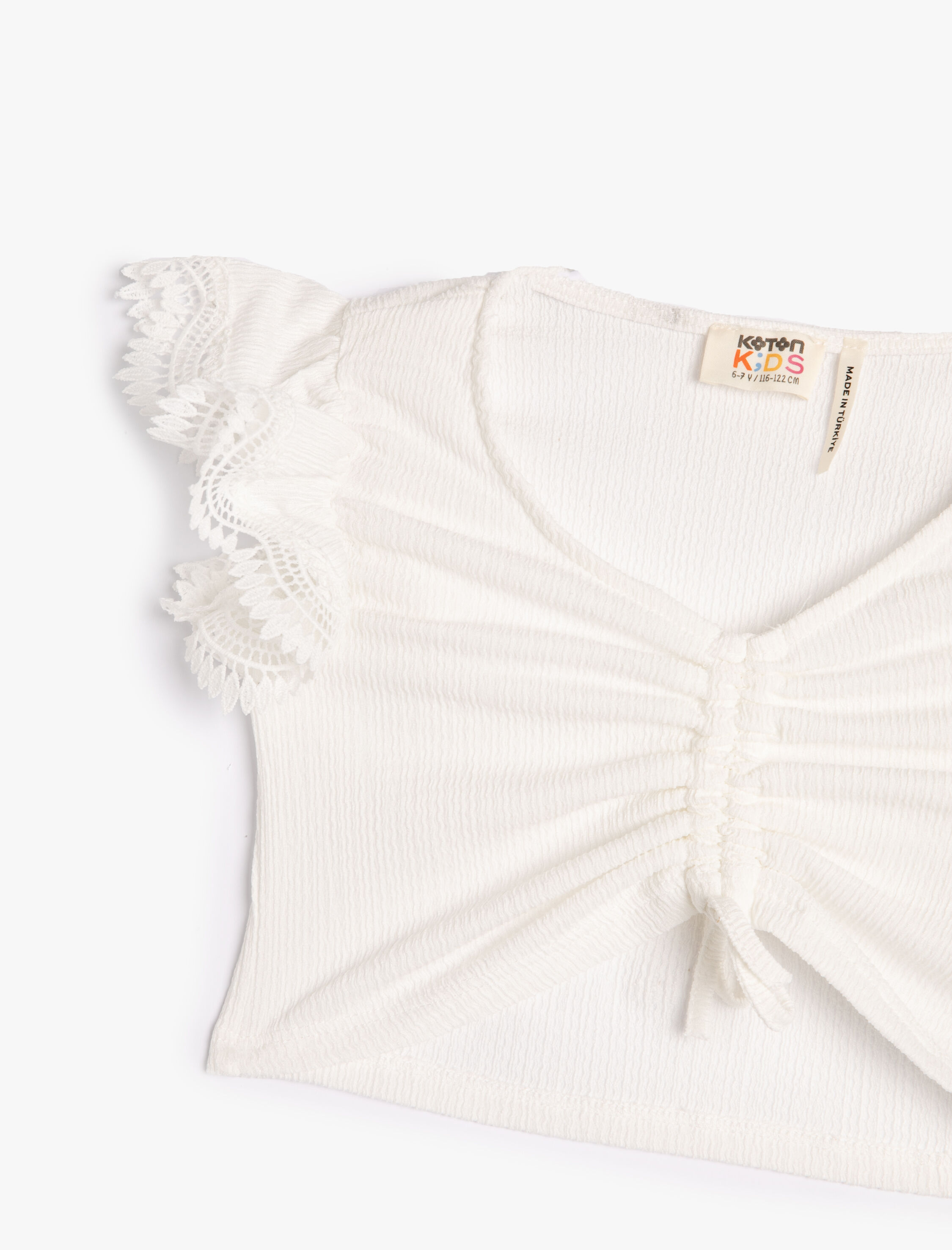  Kız Çocuk Crop Bluz Önü Büzgülü Kolsuz Fırfır ve Dantel Detaylı