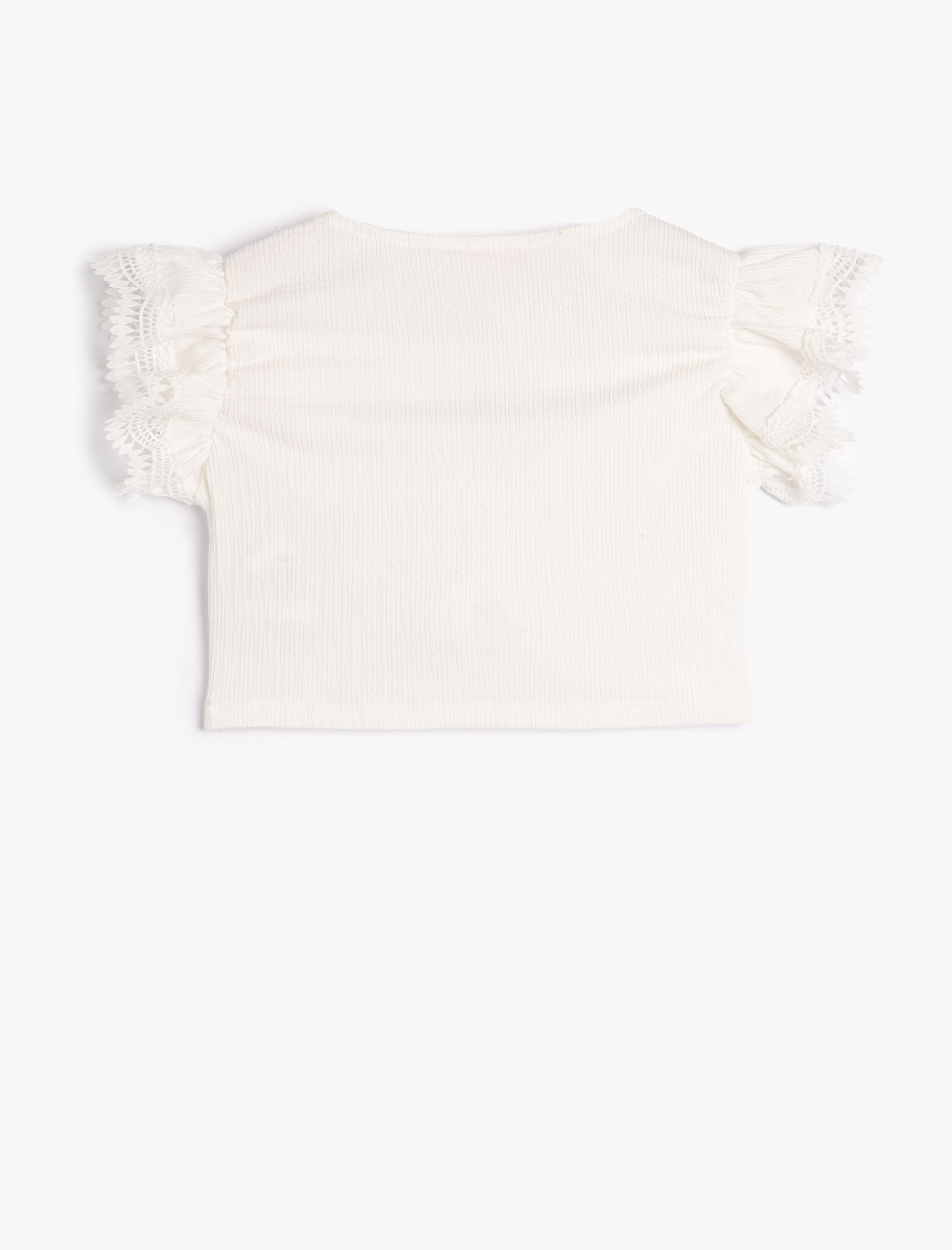  Kız Çocuk Crop Bluz Önü Büzgülü Kolsuz Fırfır ve Dantel Detaylı