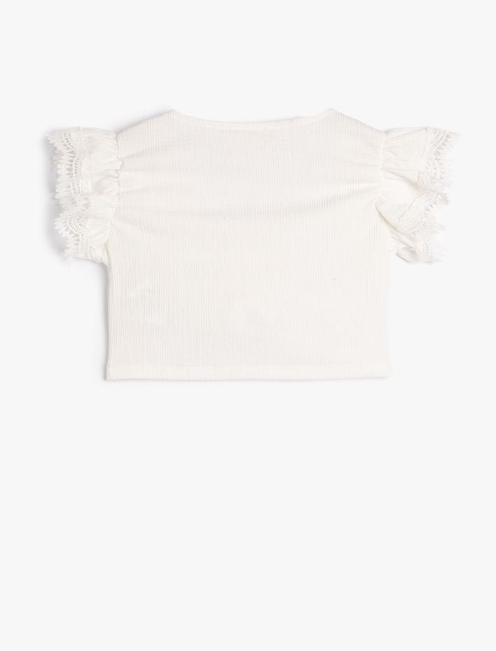 Kız Çocuk Crop Bluz Önü Büzgülü Kolsuz Fırfır ve Dantel Detaylı