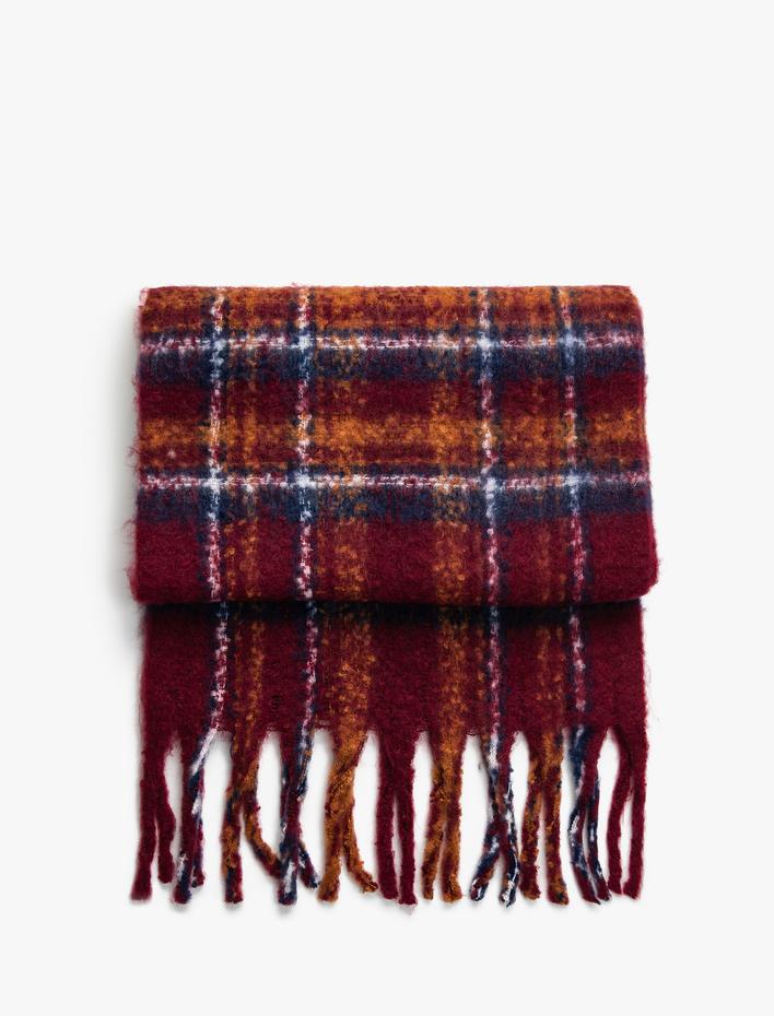 Kadın Ekose Atkı Yumuşak Dokulu Püsküllü