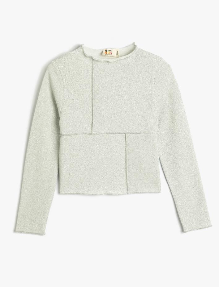 Kız Çocuk Bluz Dik Yaka Uzun Kollu Simli İplik Detaylı