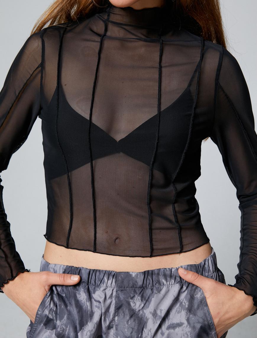   Transparan Bluz Dik Yaka Uzun Kollu Dikiş Detaylı Slim Fit