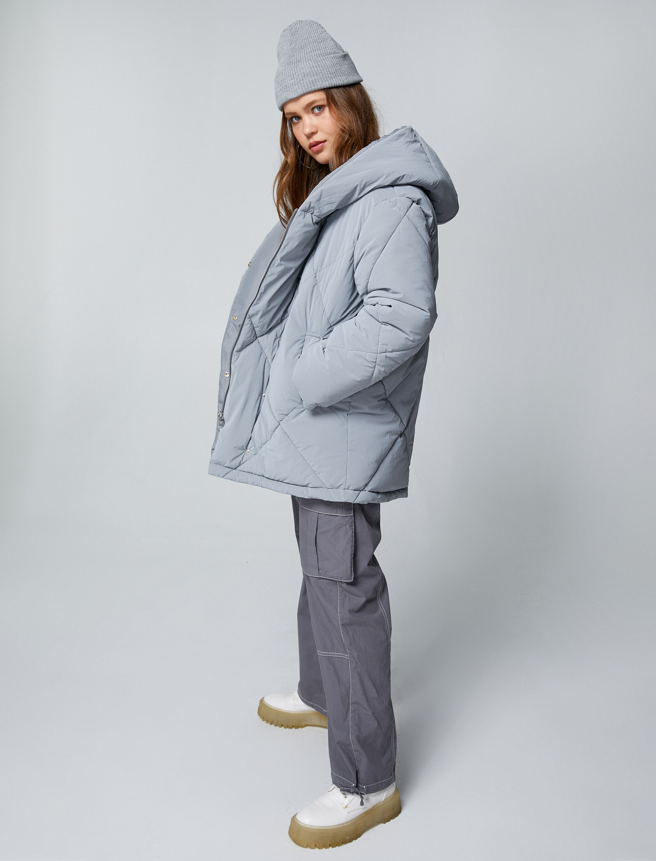   Oversize Şişme Mont Kapüşonlu Kapitoneli Cep Detaylı