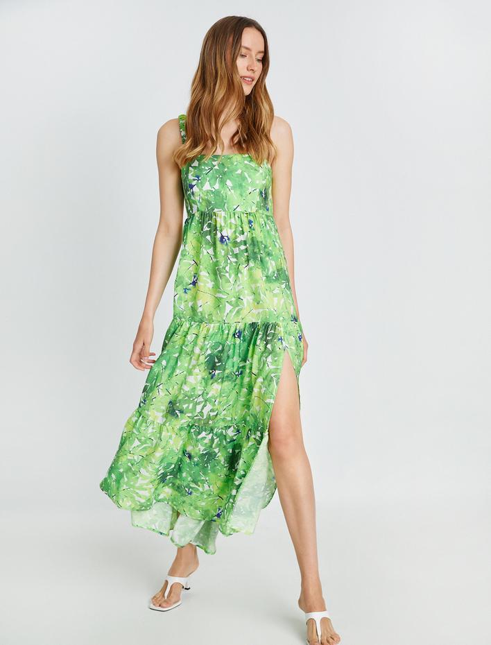  Çiçekli Uzun Viskon Elbise Askılı Yırtmaçlı