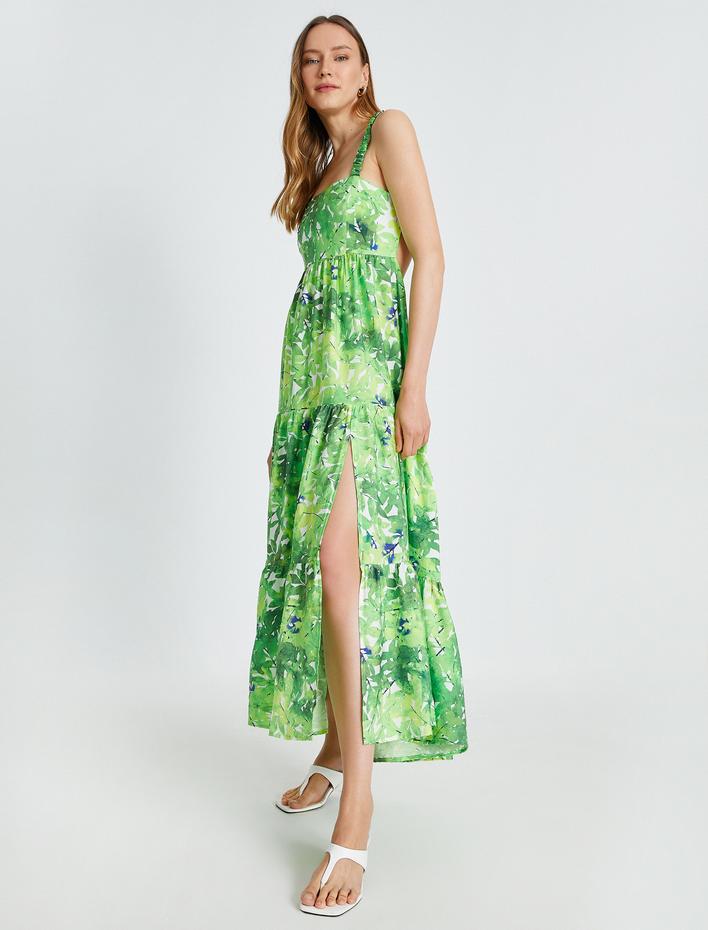  Çiçekli Uzun Viskon Elbise Askılı Yırtmaçlı