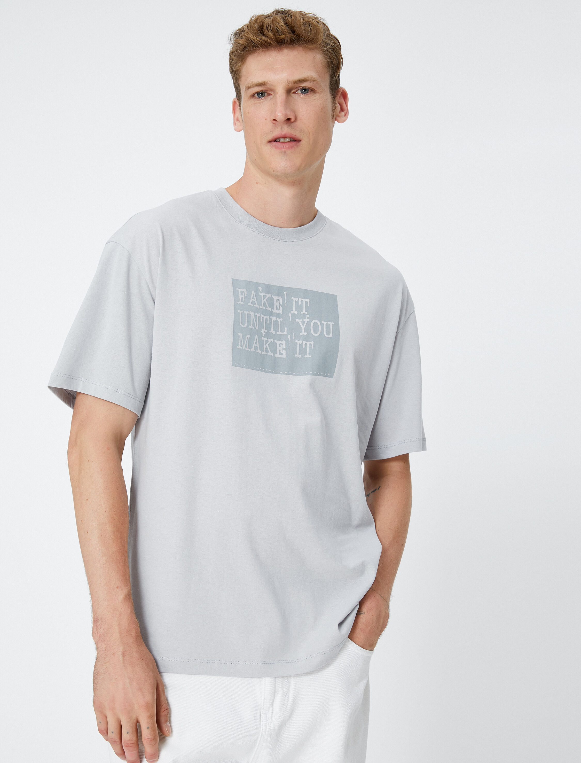   Slogan Baskılı Tişört Bisiklet Yaka Kısa Kollu Pamuklu