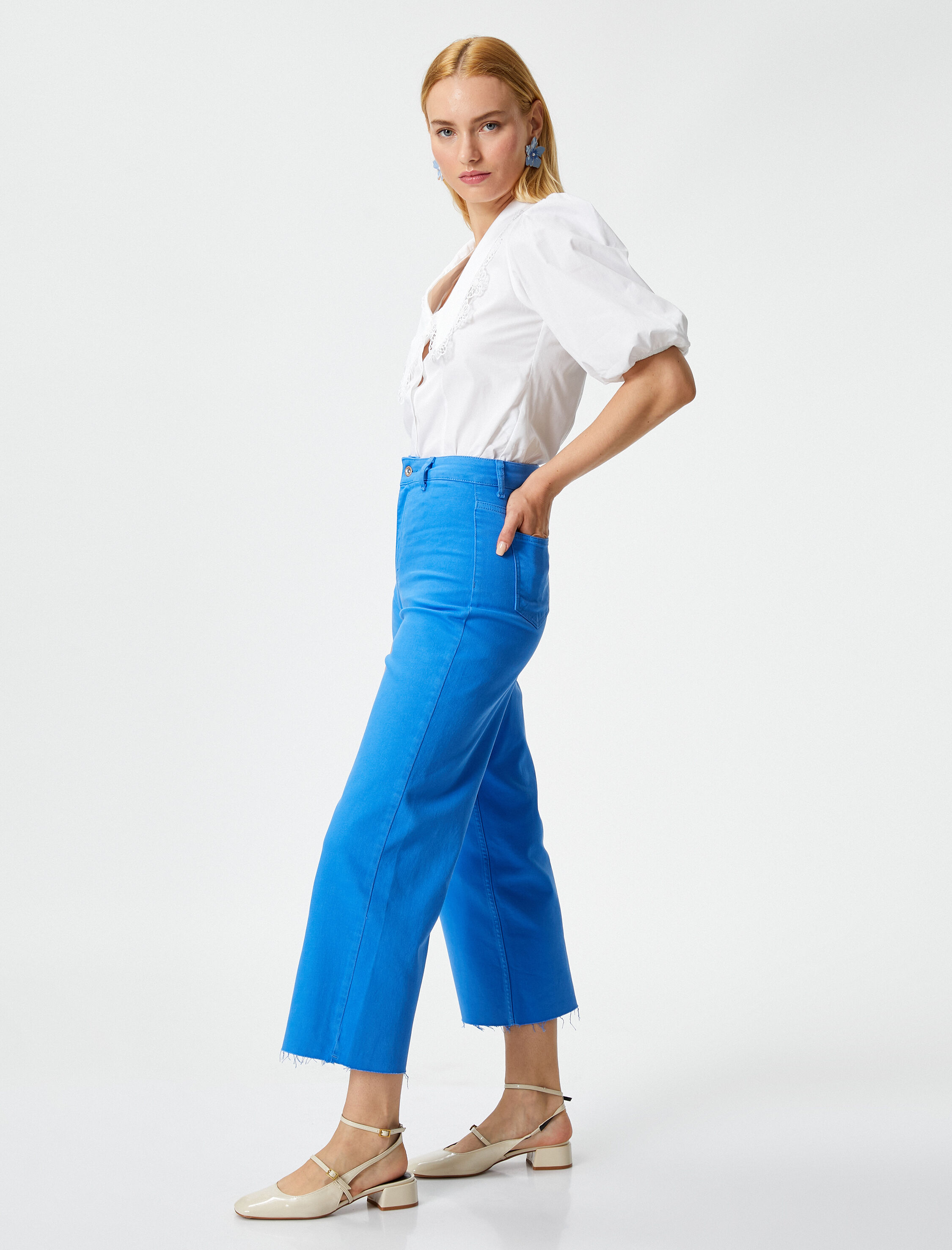   Crop Bol Paça Pantolon Yüksek Bel Cepli Pamuklu