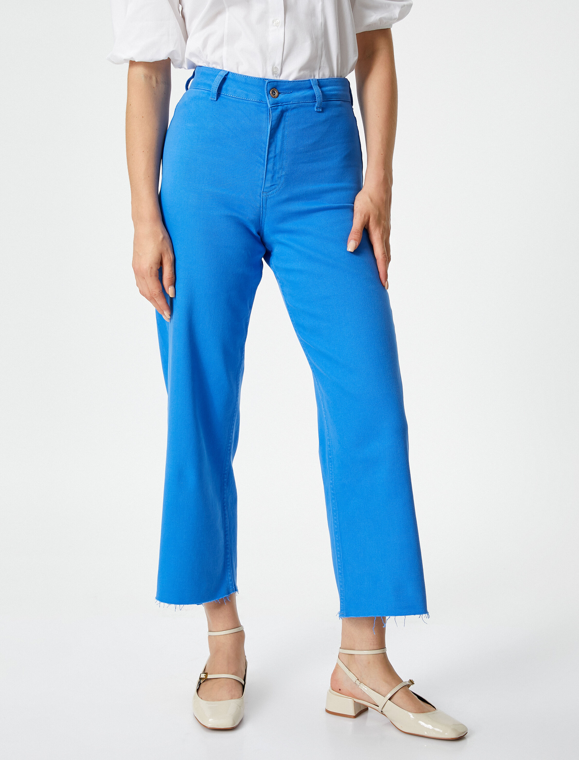   Crop Bol Paça Pantolon Yüksek Bel Cepli Pamuklu