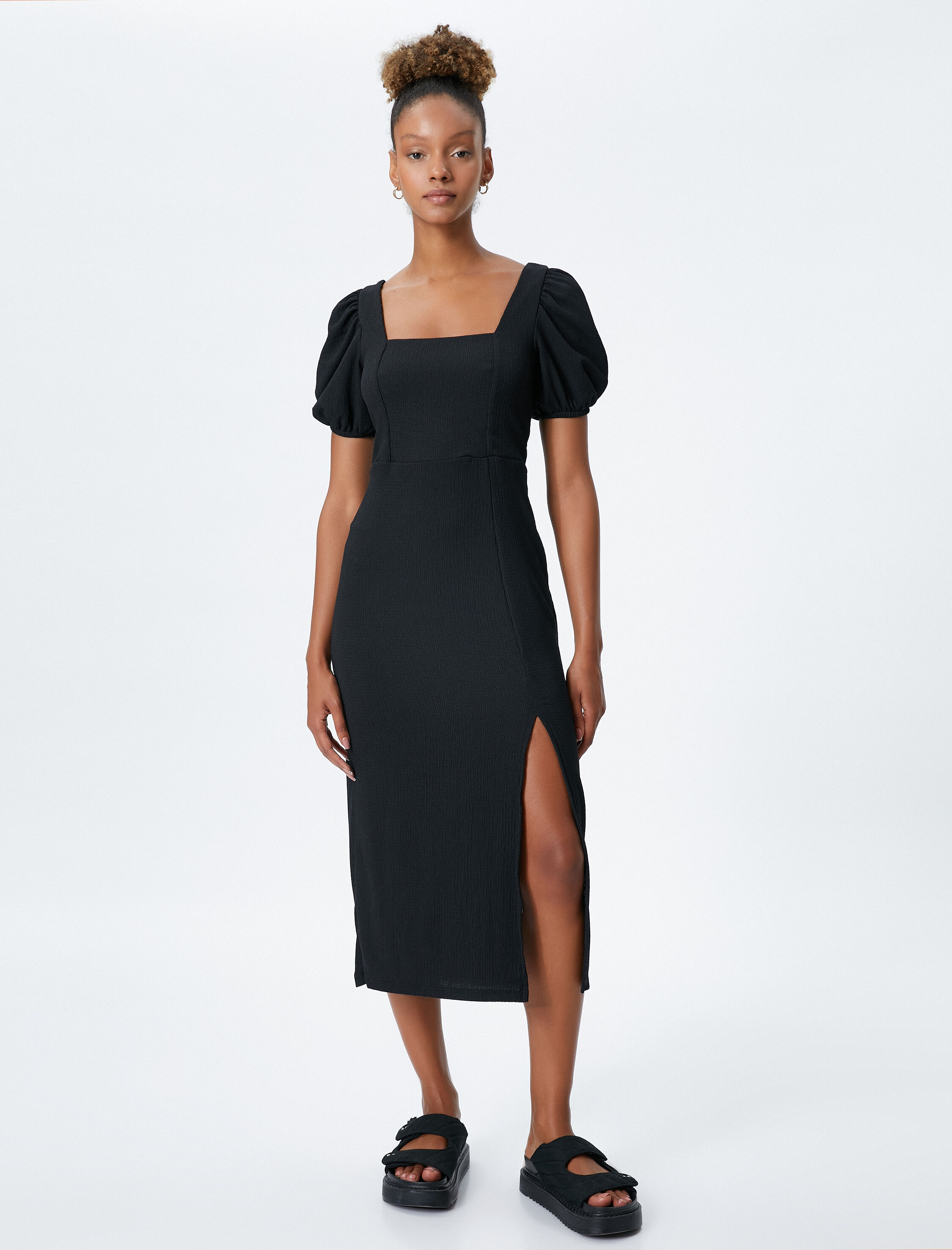   Yırtmaçlı Elbise Midi Kare Yaka Balon Kollu Sırt Detaylı Bürümcük