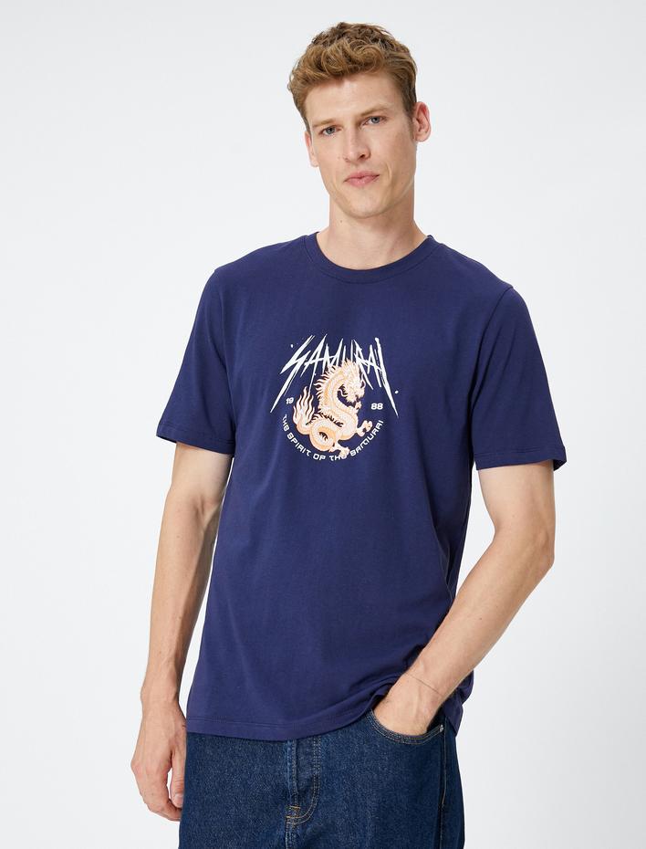  Samuray Baskılı Tişört Bisiklet Yaka Kısa Kollu Pamuklu