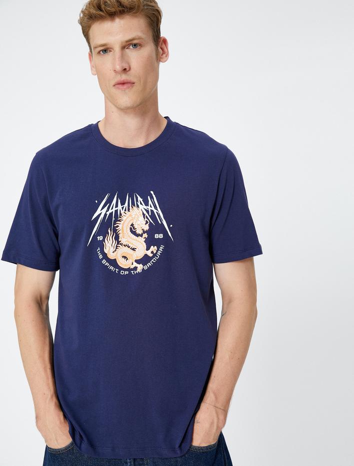  Samuray Baskılı Tişört Bisiklet Yaka Kısa Kollu Pamuklu