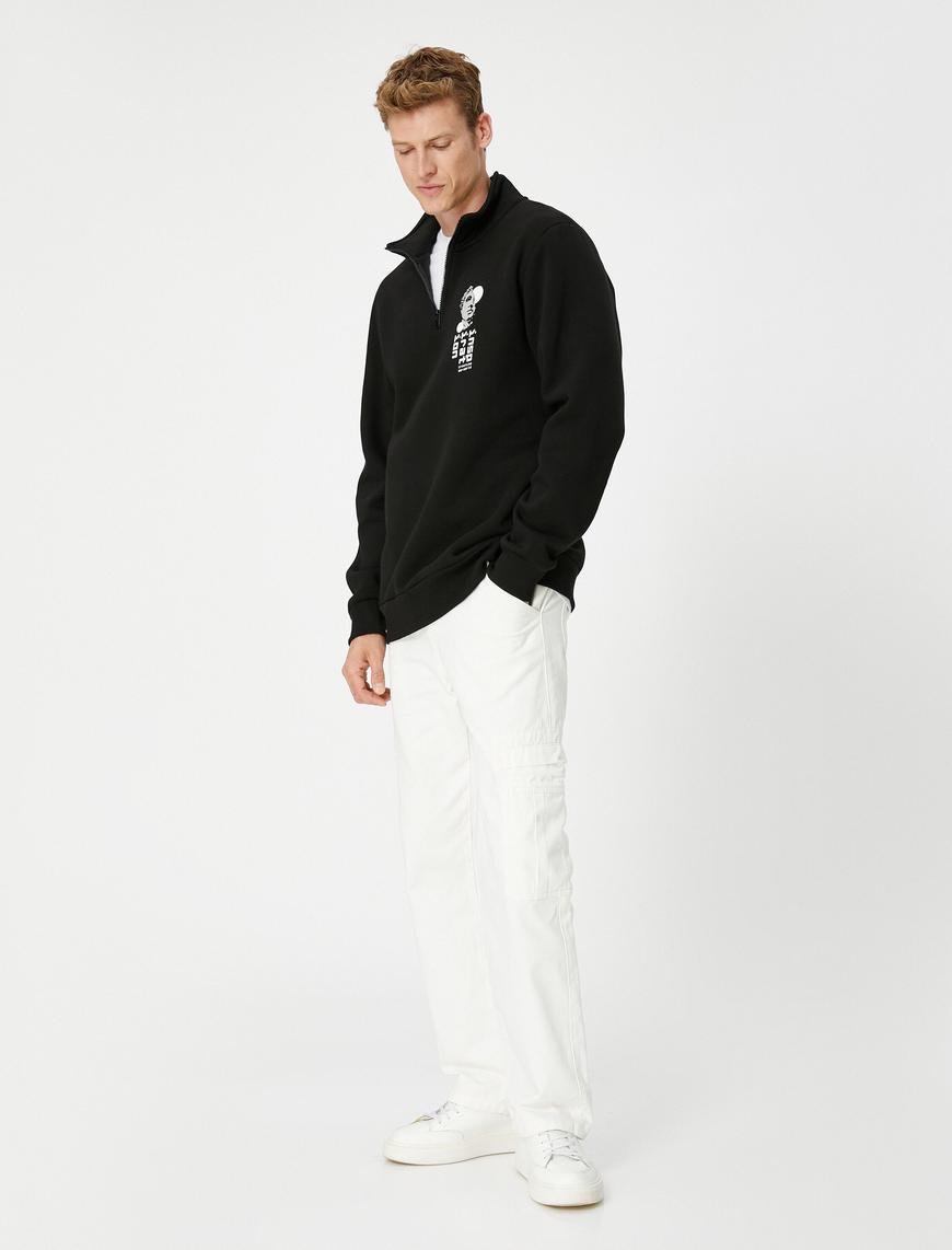   Yarım Fermuarlı Sweatshirt Baskılı Dik Yaka Uzun Kollu Şardonlu