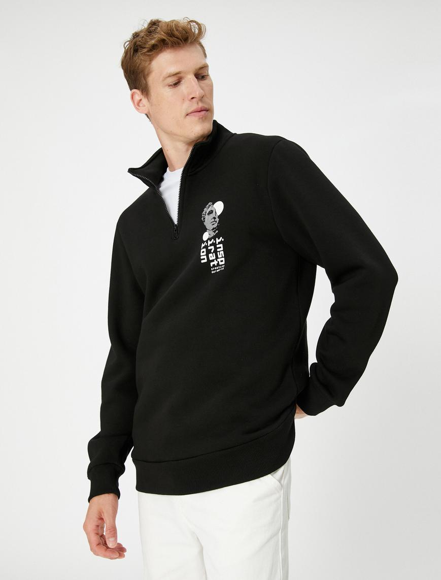   Yarım Fermuarlı Sweatshirt Baskılı Dik Yaka Uzun Kollu Şardonlu